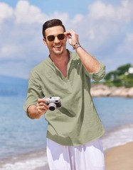 Men’s Cotton Hemp Long Sleeve Casual Beach Henley Shirt(LIGHT GREEN,S)