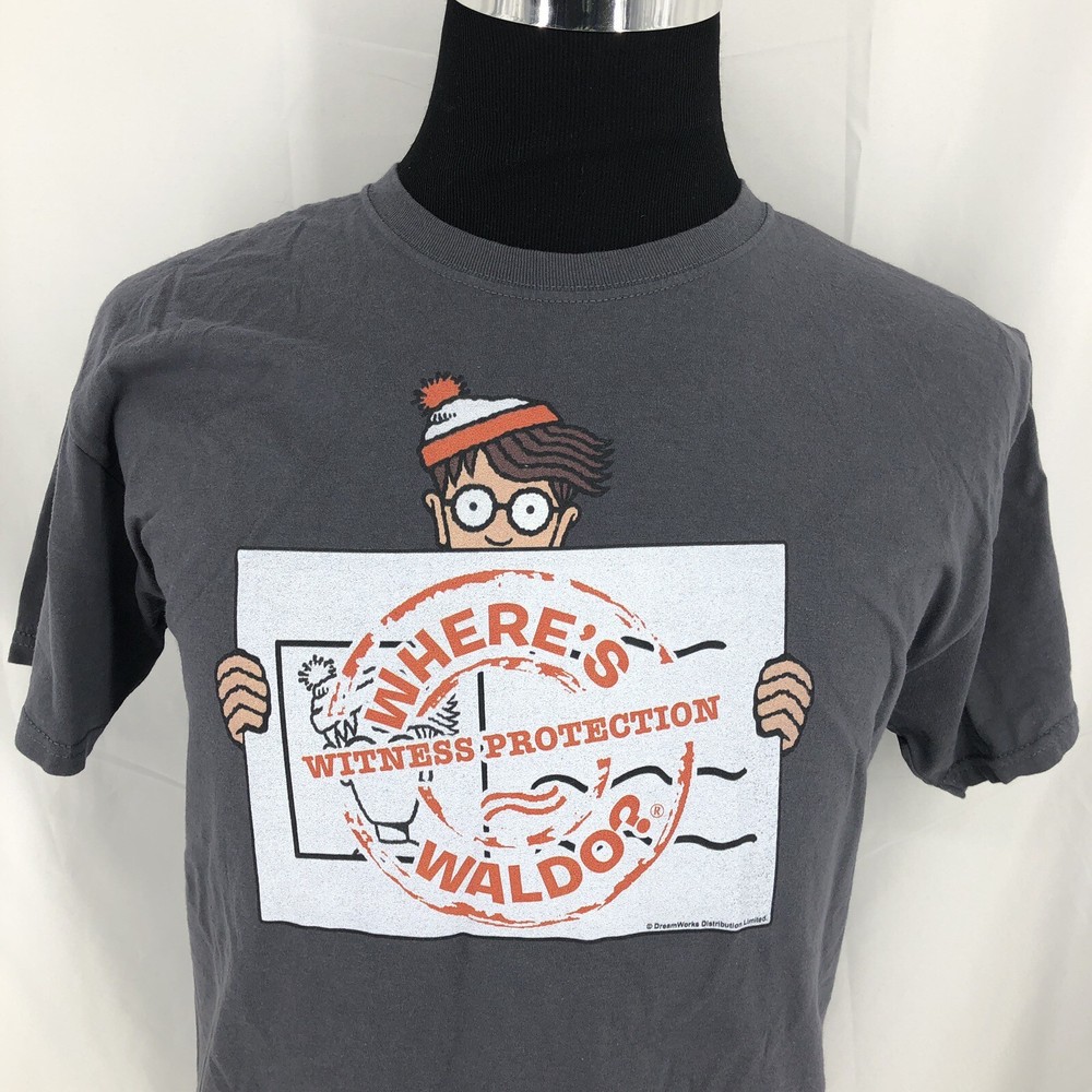 WHERE’S WALDO WITNESS PROTECTION Licensed Gray Short Sleeve Tee Shirt Medium