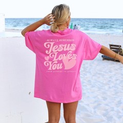 Jesus Loves You Pink Hearts Beach Shirt, Oversized Christian T-Shirt