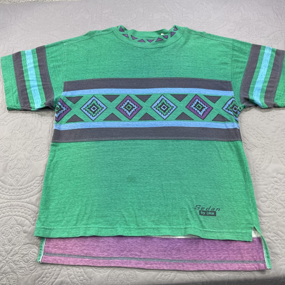 Vintage Sedan by Blox T Shirt Mens Small Green 90s Geometric Aztec Pattern Tee