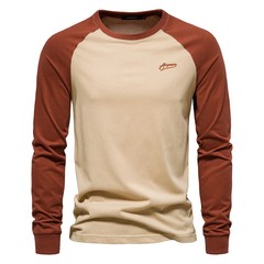 Men’s T-shirts 100% Cotton Long Sleeve O-neck Pactwork Casual T Shirt