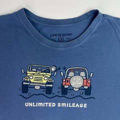 Life Is Good Mens XXL Blue Crusher Tee Unlimited Smileage Graphic Shirt