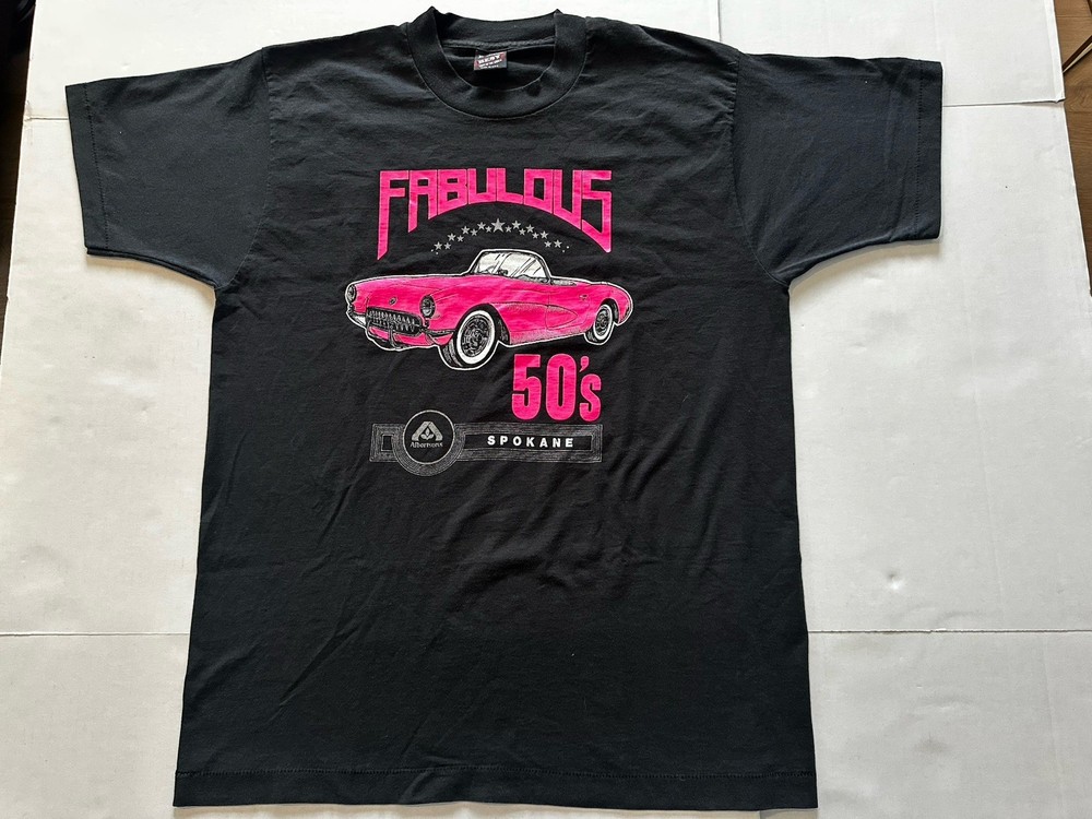 Vtg Fabulous 50’s Pink Corvette Spokane Albertsons Single Stitch Tee Sz XL USA.