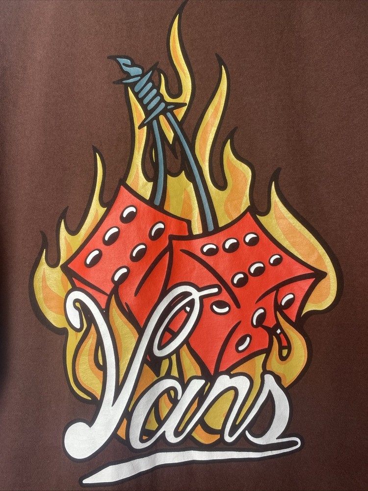Vans Shirt Yellow Flames Dice Graphic T~ Shirt Brown Men’s Large Red Dice