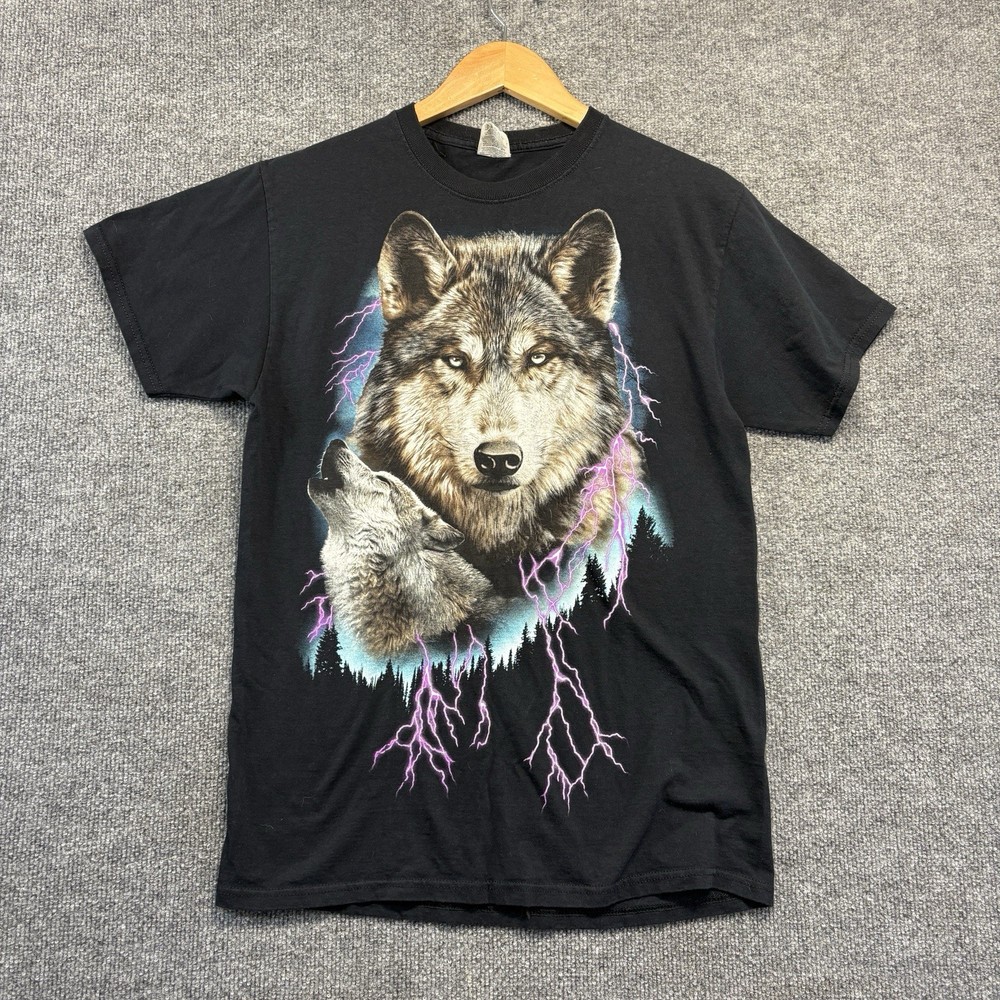 Wolf Print T-Shirt Men Medium Black Short Sleeve Crew Neck Fruit of the Loom HD