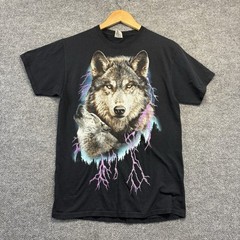 Wolf Print T-Shirt Men Medium Black Short Sleeve Crew Neck Fruit of the Loom HD