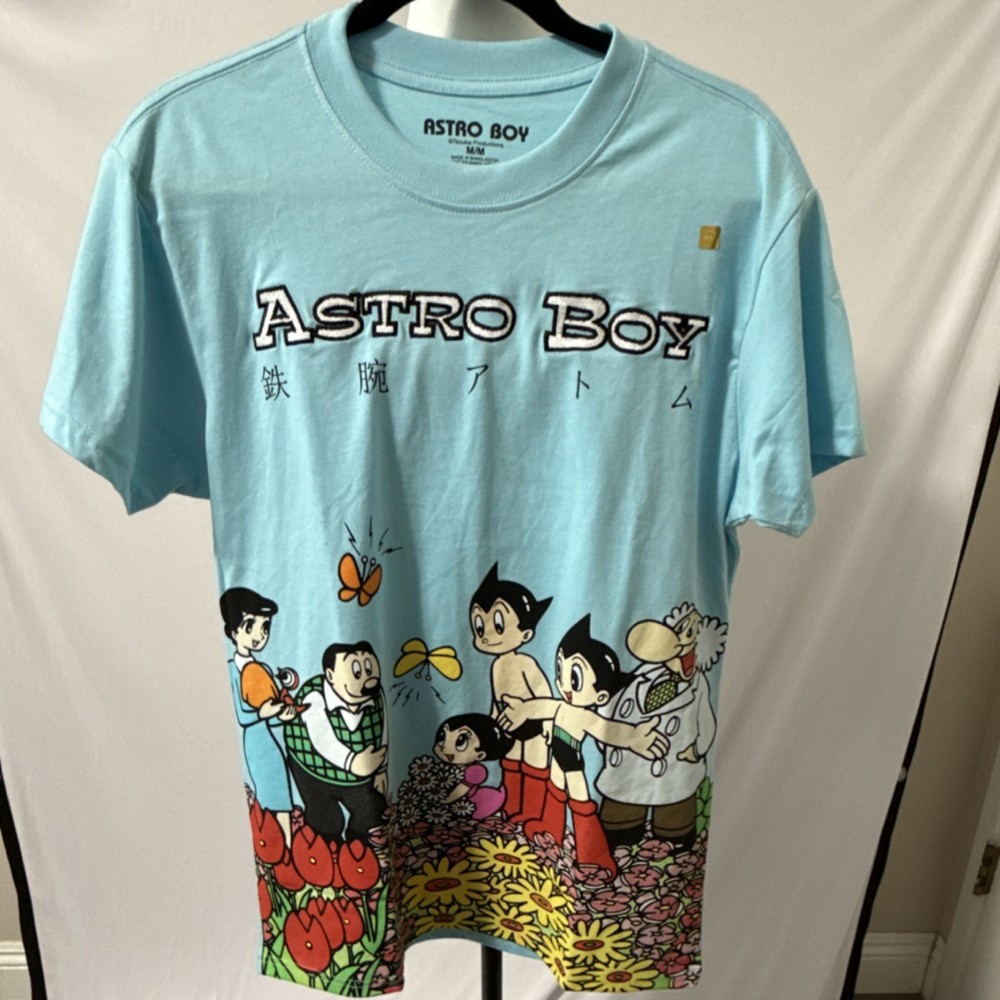 Astro Boy Flower Embroidered Light Blue Short Sleeve T-Shirt M