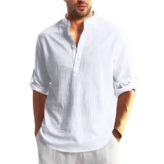Autumn Men Cotton Linen Henley T-Shirt Lightweight Breathable Casual Top Gift