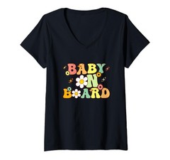 Women’s Groovy Baby On Board V-Neck T-Shirt for Pregnancy Reveal Gift