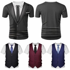 US Freebily Men’s Fake Suit Vest Tie Printed T-Shirt Casual Shirt Tuxedo Top