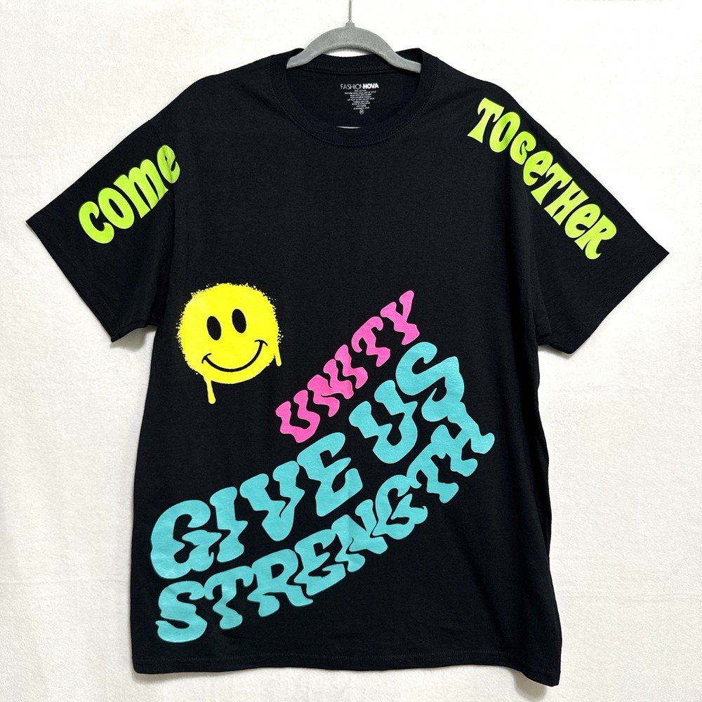 Men’s Graphic T-Shirt Medium Black Neon Smiley Face Unity Rave Streetwear NWOT
