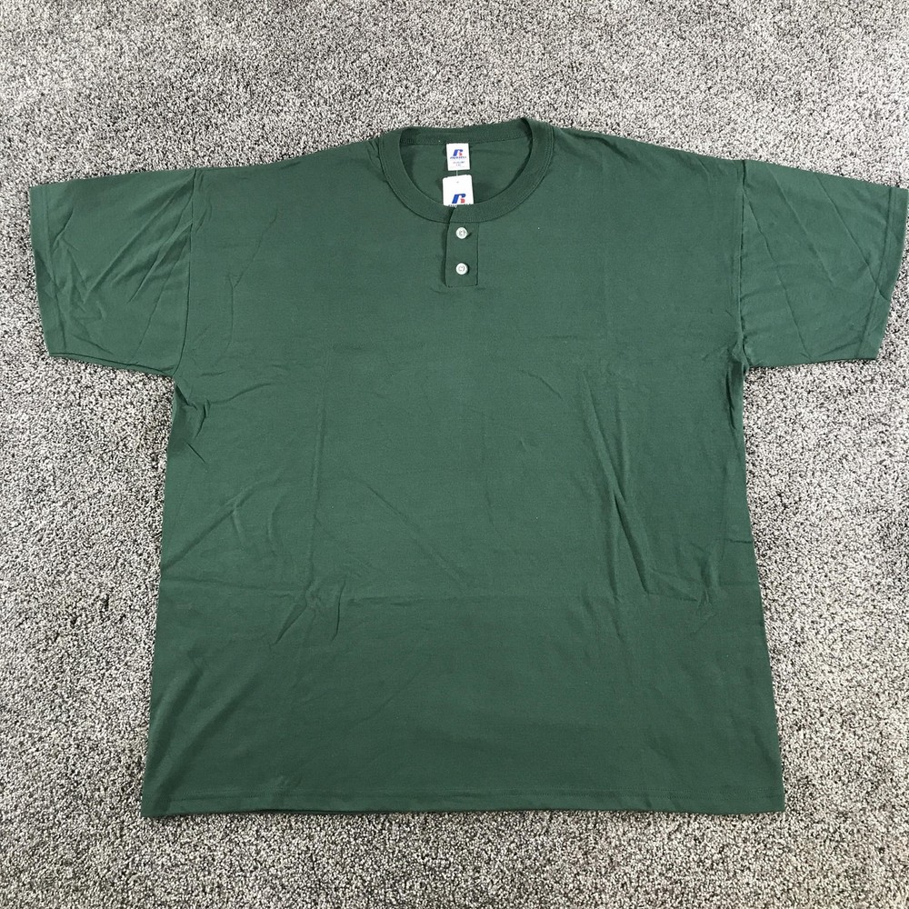 Vintage Russell Athletic Shirt Mens 2XL Dark Green Henley NuBlend Short Sleeve