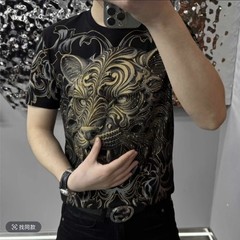 New Fashion Trend Lion Hot Diamonds Rhinestones Black Summer Luxury Men T-Shirt