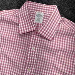 MENS BROOKS BROTHERS PINK WHITE CHECK Men Sz 15.5 4/5 Slim Fit Cotton Button Up