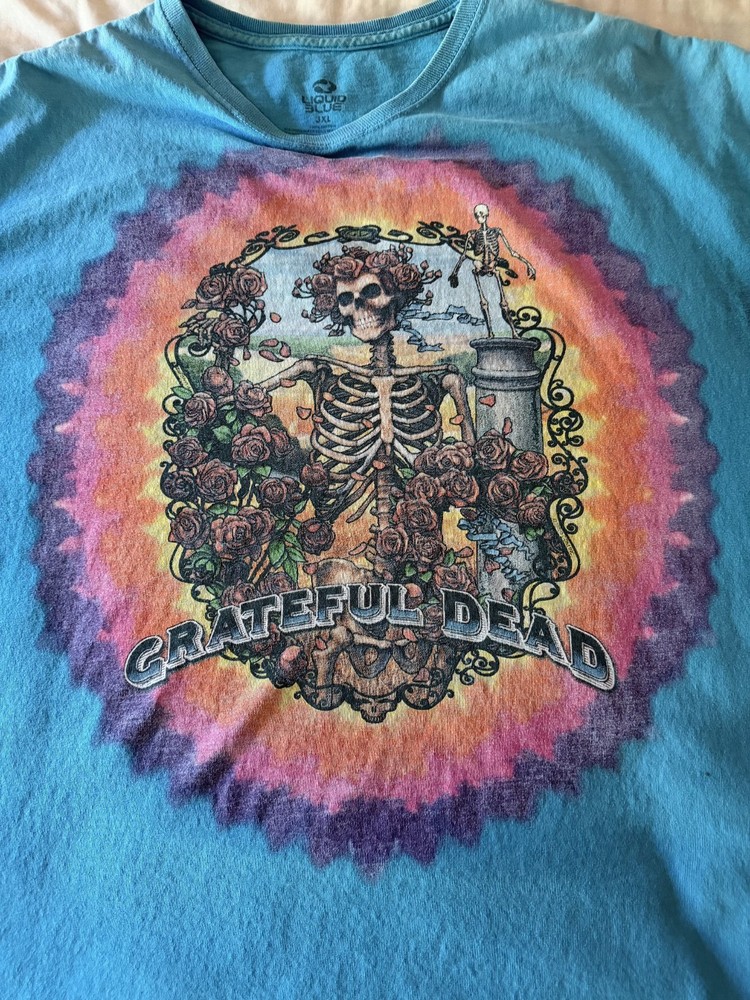 Grateful Dead Liquid Blue Bertha Skeleton Roses Teal Tie Dye Tee 3XL Flaw