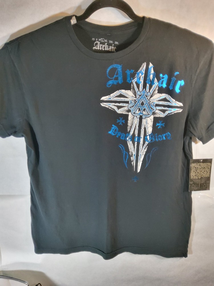Archaic By Affliction Y2K Style Blue Foil Cross T-Shirt Black New With Tags
