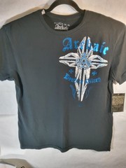 Archaic By Affliction Y2K Style Blue Foil Cross T-Shirt Black New With Tags