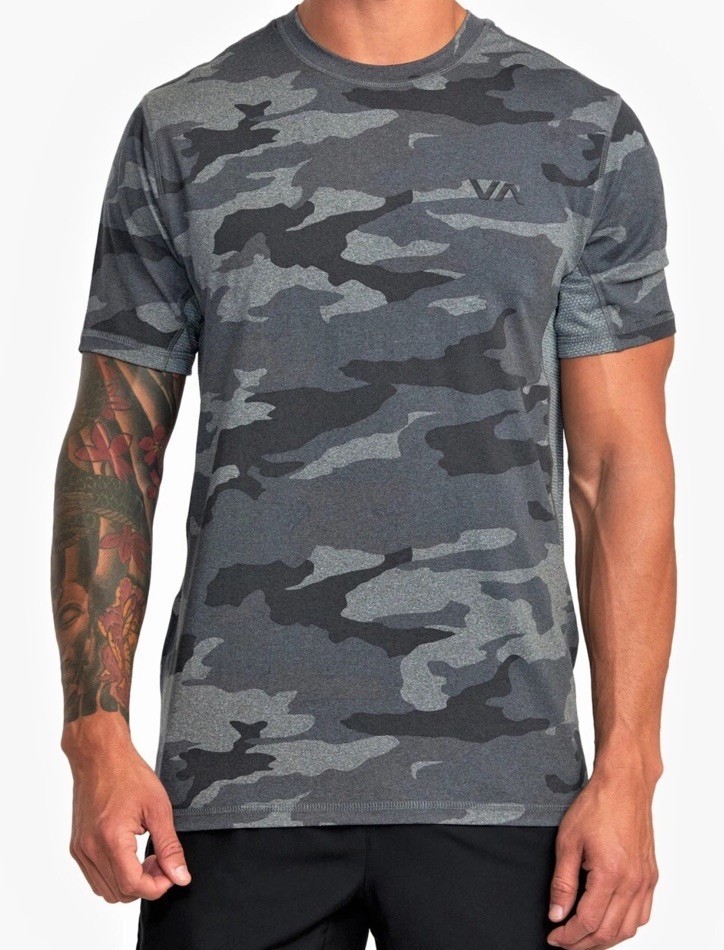 $60 RVCA Men’s Sport Vent Performance Camo Crew Neck T-Shirt-Grey Camo-Medium