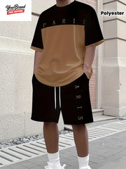 Fashion Paris Print T-Shirt Shorts 2-Piece Set Men’S Short Sleeve Tee Elastic Wa