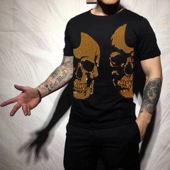 New Hot Drilling Fashion Skull Rhinestone Summer Luxury Men Cotton Black T-Shirt