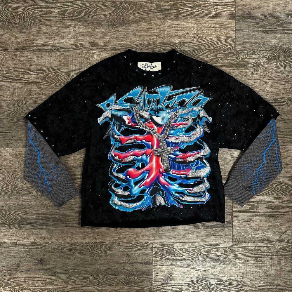 Men’s Black Skull Graphic Print Crew Neck Long Sleeve Regular Fit Cotton T-Shirt