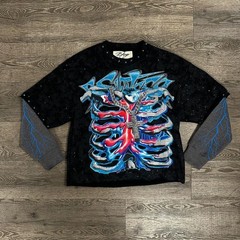 Men’s Black Skull Graphic Print Crew Neck Long Sleeve Regular Fit Cotton T-Shirt