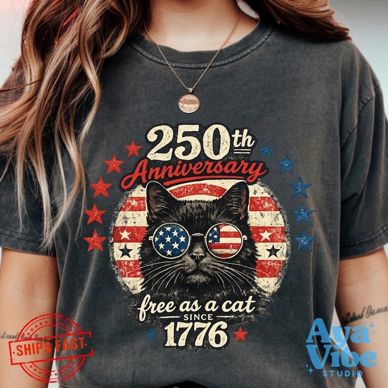 250th Anniversary Cat Shirt | Patriotic Cat Tee | Flag Sunglasses shirt