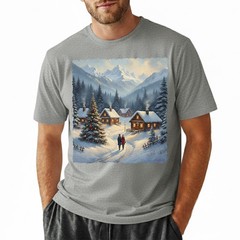 Cozy Winter Village T-Shirt Christmas Log Cabin Snow Scene Mountain Holiday Art