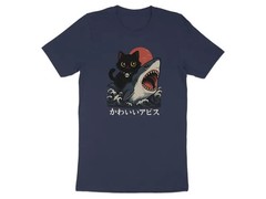 Cute Black Cat Riding Shark, Japanese Kawaii T-Shirt, Funny Cat Lover Gift