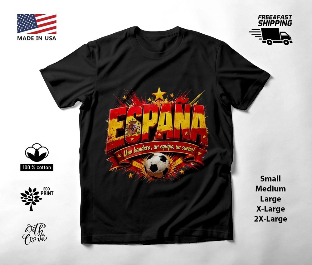 SPAIN – NEW World Cup 2026 Football Soccer Fans Black T-Shirt Tee Shirt S to 5XL