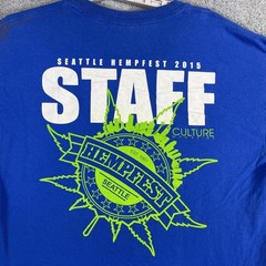 Seattle HempFest T Shirt Men Large Blue Staff 2015 SS Distressed Pot Leaf Grunge