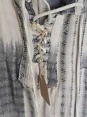 Men’s Striped Woven Lace-Up Short Sleeve T-Shirt Gray White Cotton Pocket Beads