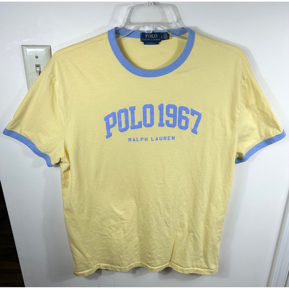 Polo Ralph Lauren Ringer T-Shirt Mens L Yellow Blue Polo 1967 Spell Out LOGO
