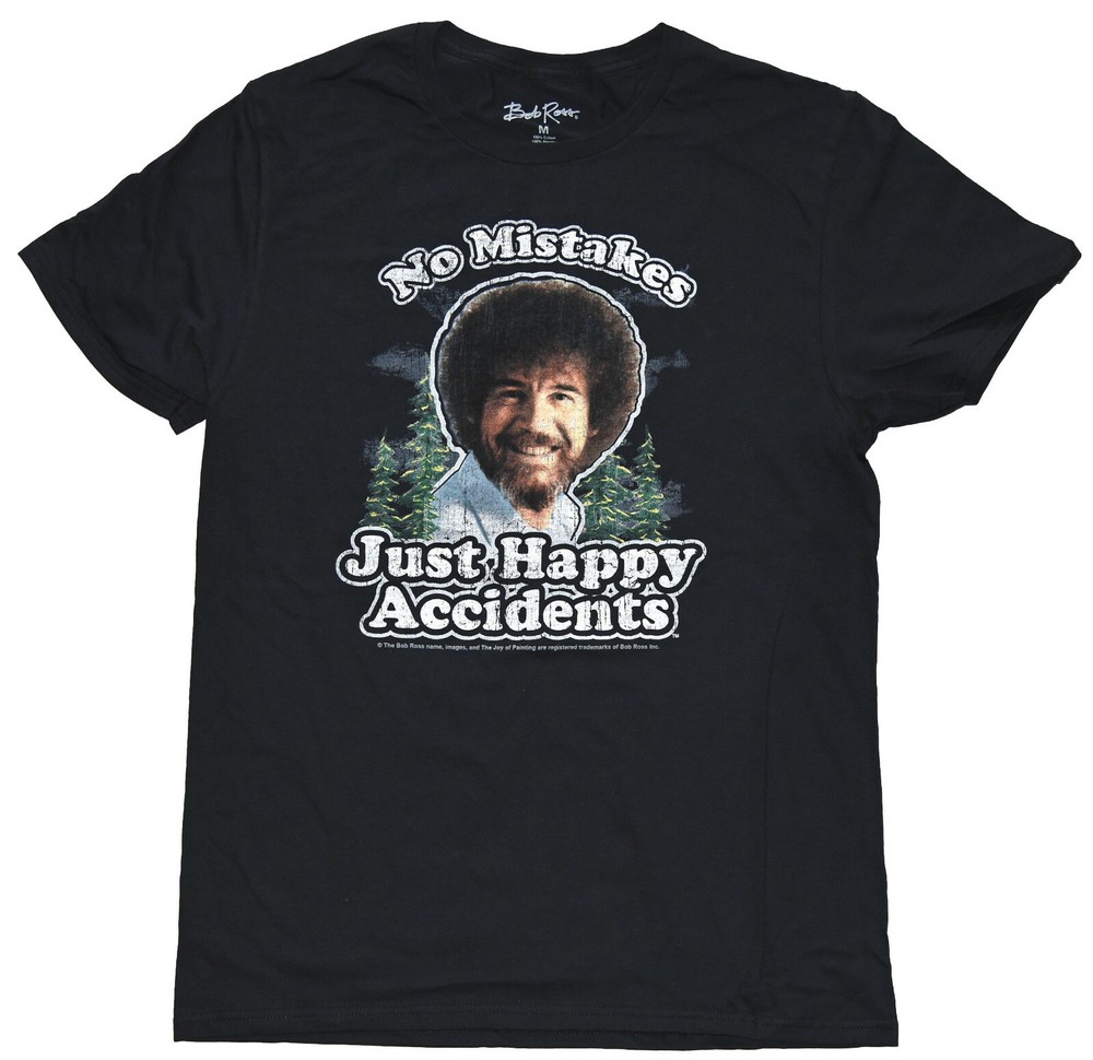 Bob Ross No Mistakes Just Happy Accidents Distressed Men’s Black T-Shirt New