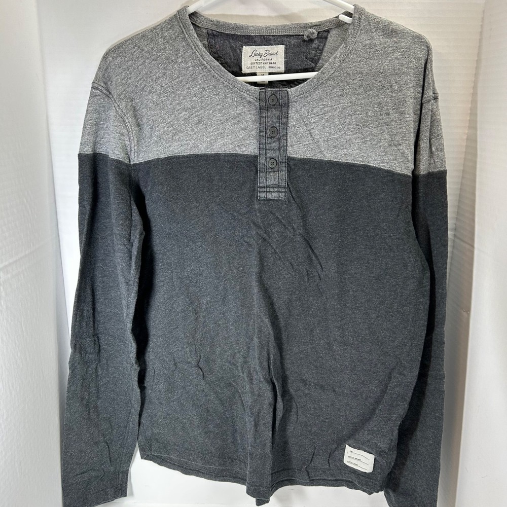 Lucky Brand Men’s Medium Henley Shirt Long Sleeve Gray Two-Tone 1/4 Button