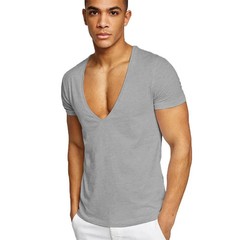Men’s Deep V-Neck T-Shirt, Cotton Fitness Leisure Tops, Solid Color Europe Size