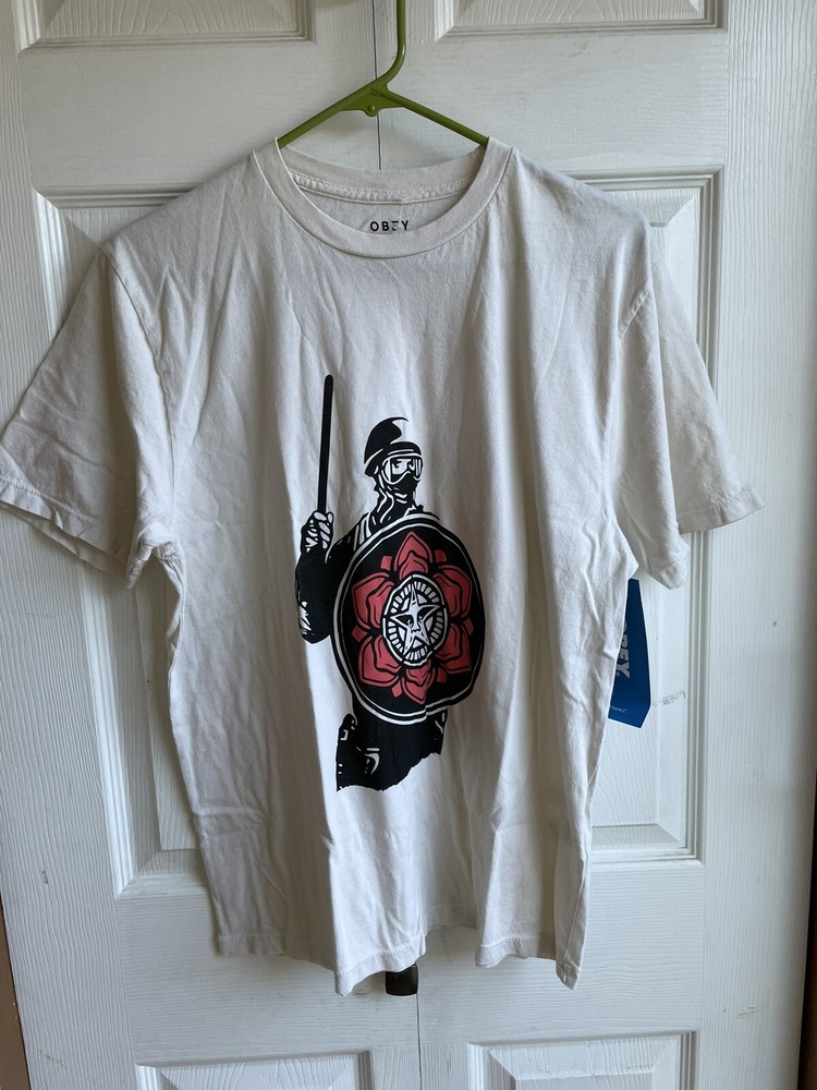 NWT Mens Obey Riot Cop Shield Cream White T Shirt RARE 100% Organic Cotton sz M