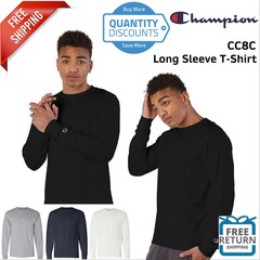 Champion Mens Long Sleeve Cotton T Shirt Blank Plain Solid CC8C Up To 2XL