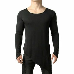 Mens Asymmetric Slit Hem Summer T-shirt Top Tee Long Sleeve Loose Pullover Shirt