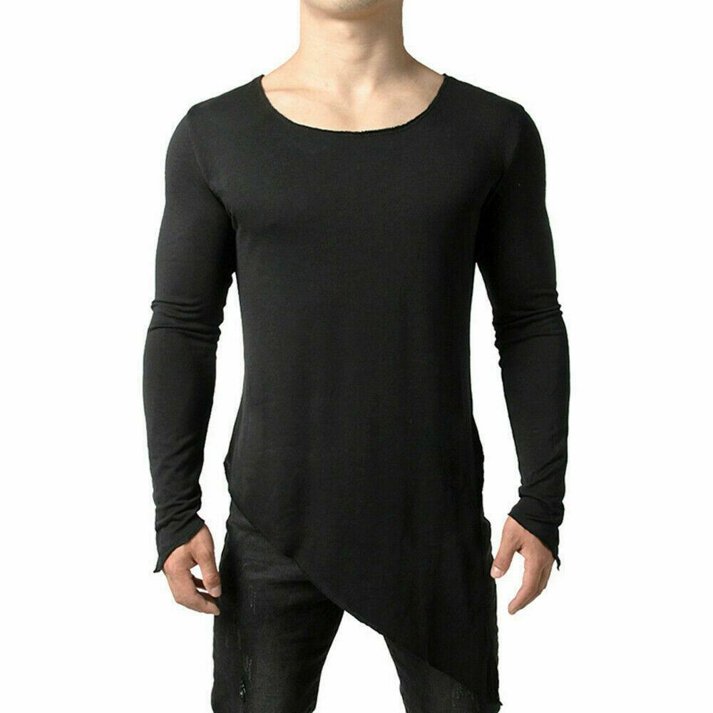 Mens Asymmetric Slit Hem Summer T-shirt Top Tee Long Sleeve Pullover Shirt Hot