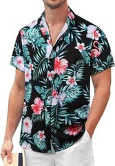 Mens Button Down Hawaiian Floral Shirt Casual Beach Vacation Tropical Top