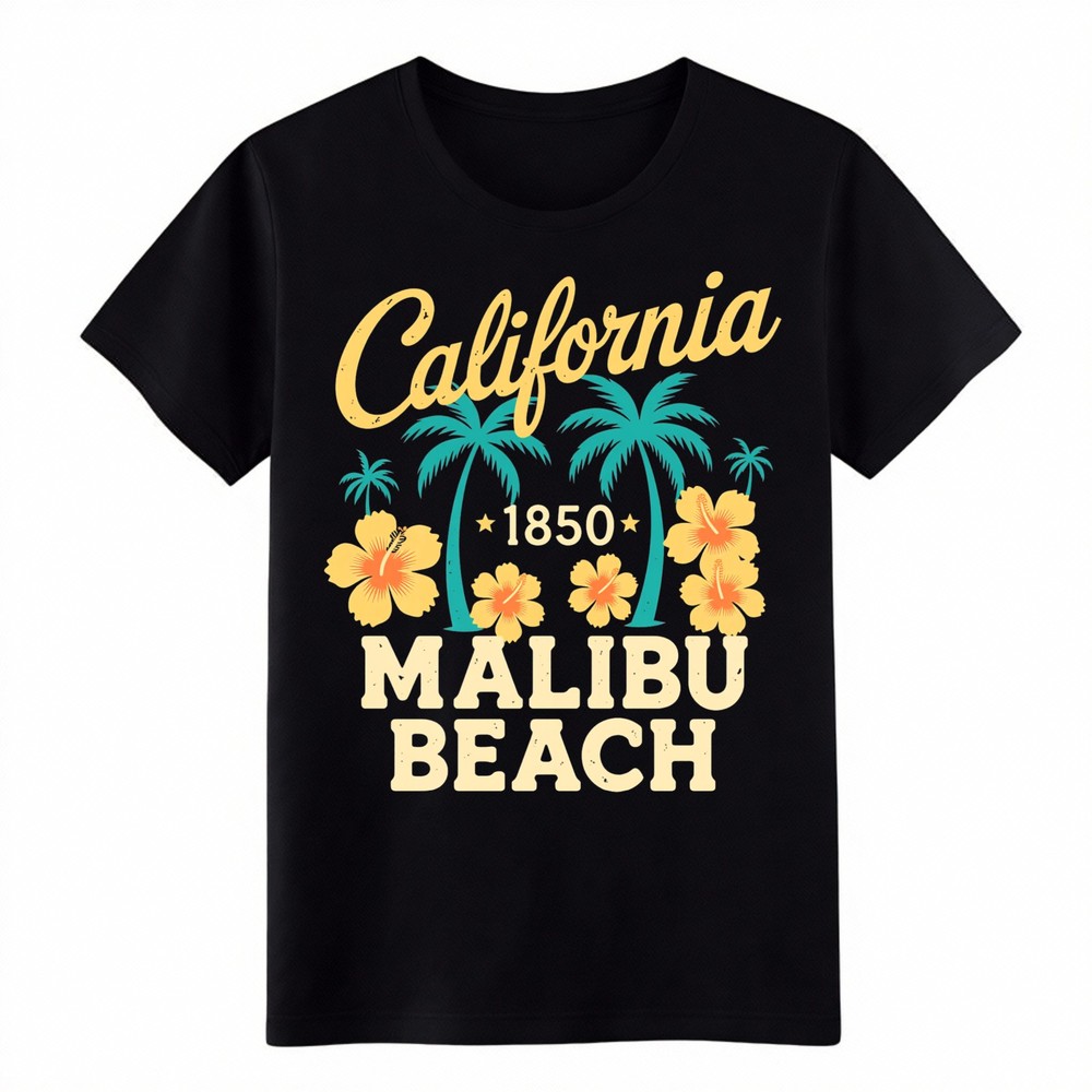 California Malibu Beach Cotton T-Shirt,Tropical Graphic Tee for Vacation&Gifting
