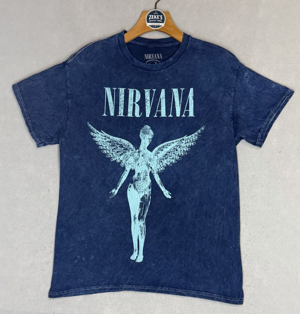 Nirvana Angel Wings Graphic T Shirt Mens Medium Blue Mineral Wash Band Tee