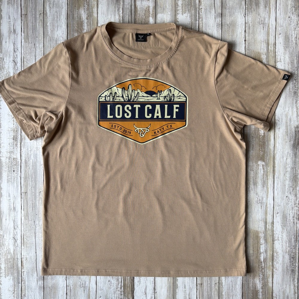 Lost Calf Men’s Short Sleeve T-Shirt Tan/Beige Size Extra Large Cowboy Ranch