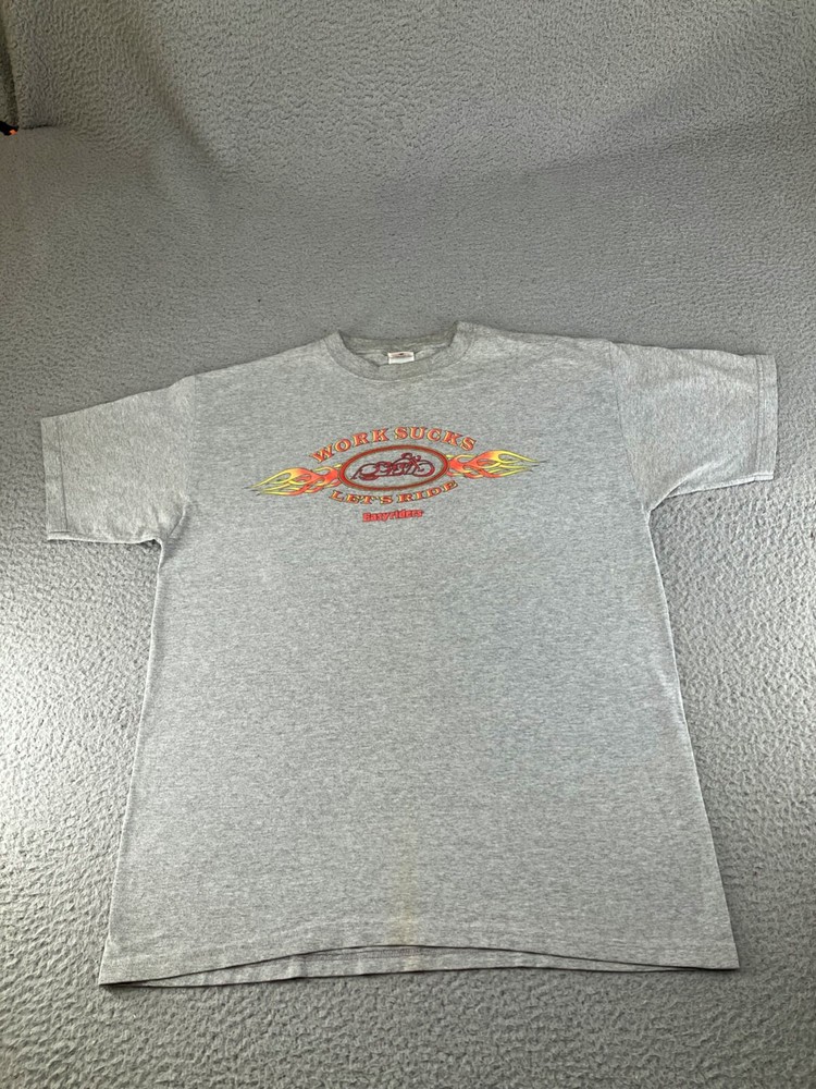 Vintage Motorcycle Shirt Mens Large Gray Y2K Flames Biker Work Sucks Lets Ride