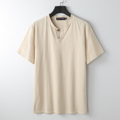 Men’s Stand-up Collar Short Sleeve Cotton Hemp Summer T-shirt Loose Linen V-neck