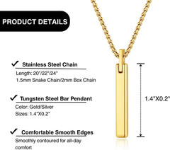 Bar Tungsten Steel Necklace for Men Women, 18K Gold Plated/Silver Color Pendant