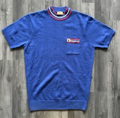 Gabicci Knit T Shirt Medium Blue Ringer High Round Neck Short Sleeve Pocket Tee