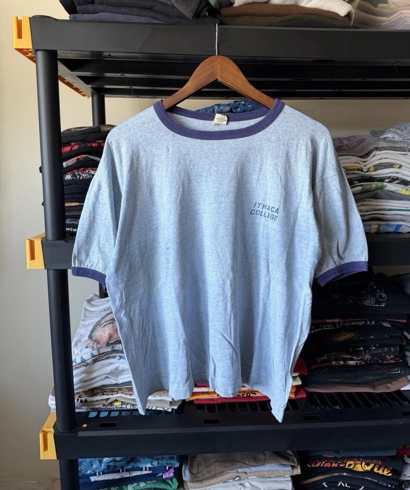 BOXY Vintage 50s 60s Ithaca College Ringer Shirt Heather Blue XL Airtowne Mills