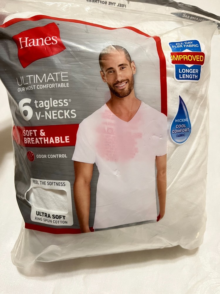 6 Pc Hanes Ultimate Large V-Neck White 100% Cotton Knit Longer T-Shirts NEW